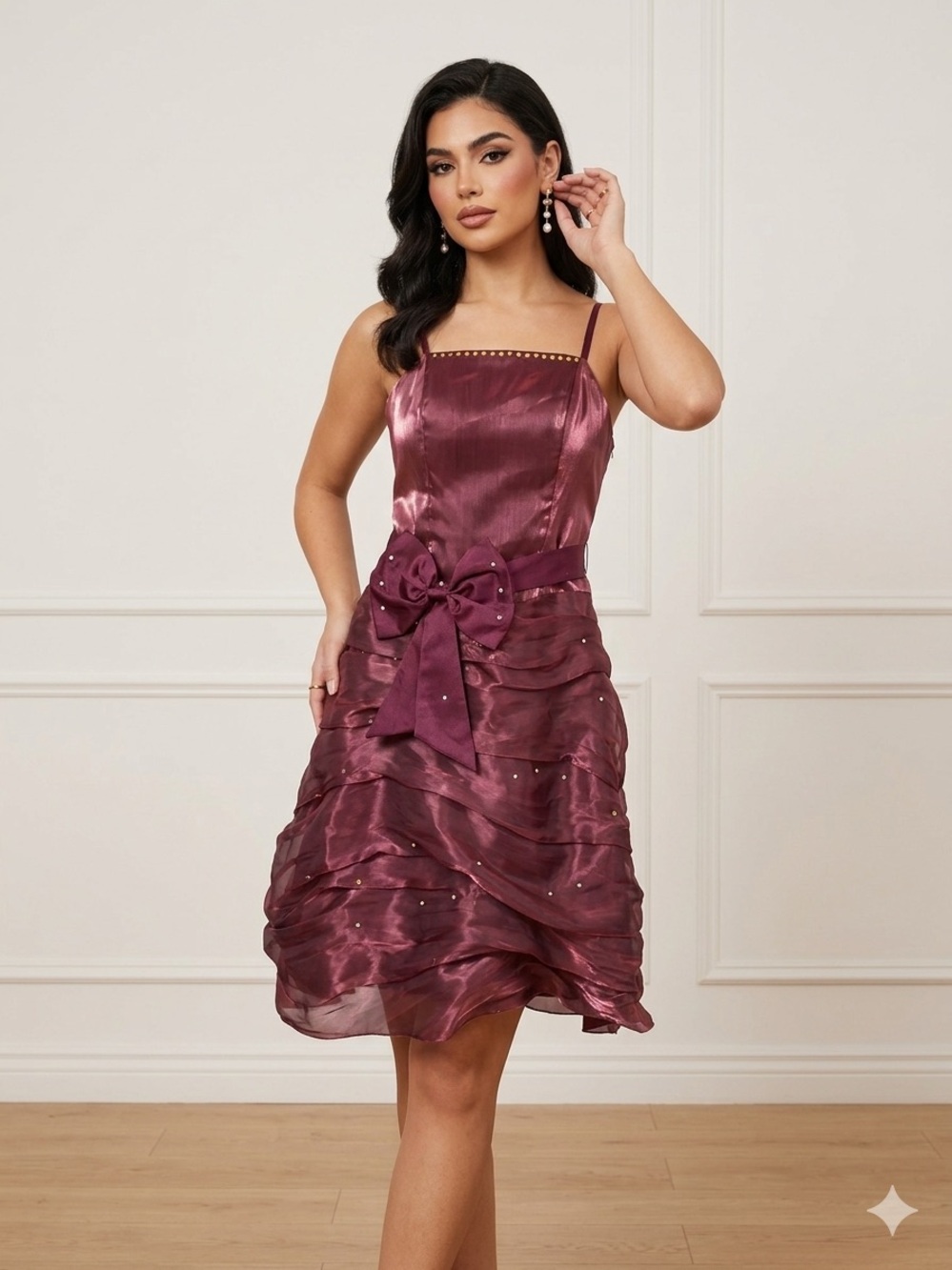 Burgundy Iridescent Tiered Ruffle Party Dress - Y2K Glam Bow Cocktail Dress S